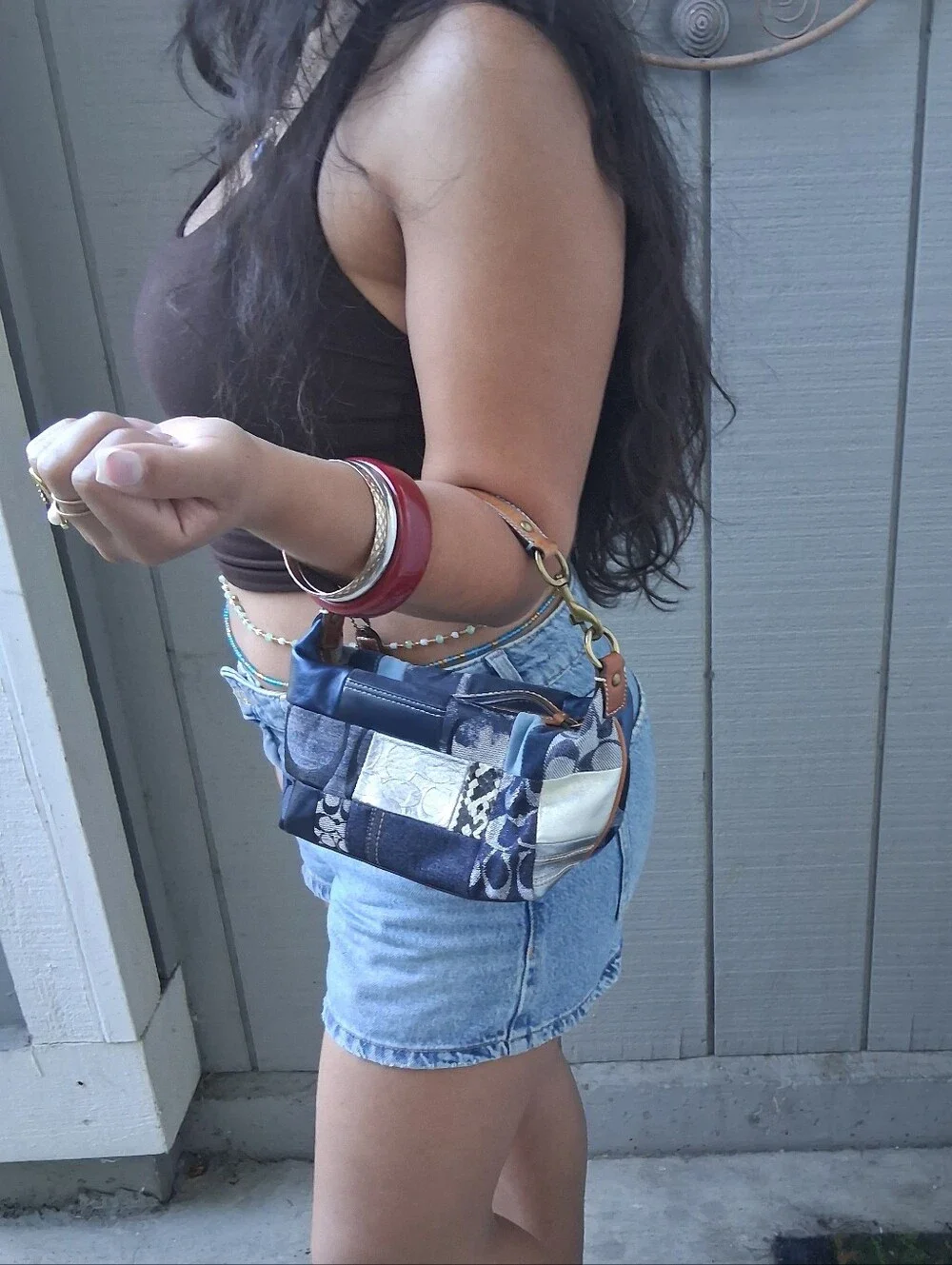 Coach Patchwork Denim Bagette in Navy, Cream and Brown - Picture 3 of 12